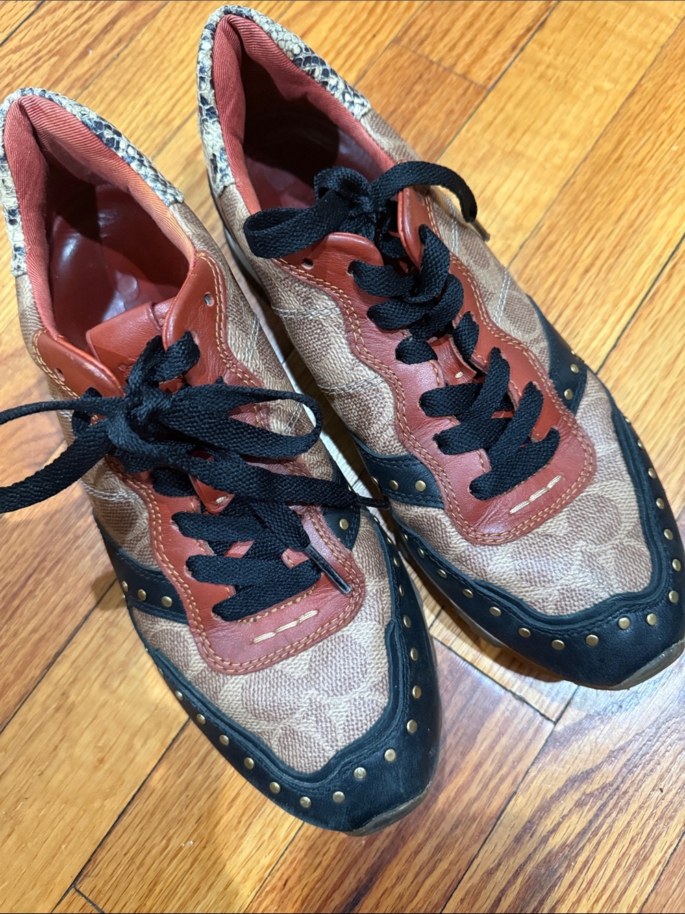 Coach Tan and Brown Snakeskin-Patterned Leather Sneakers